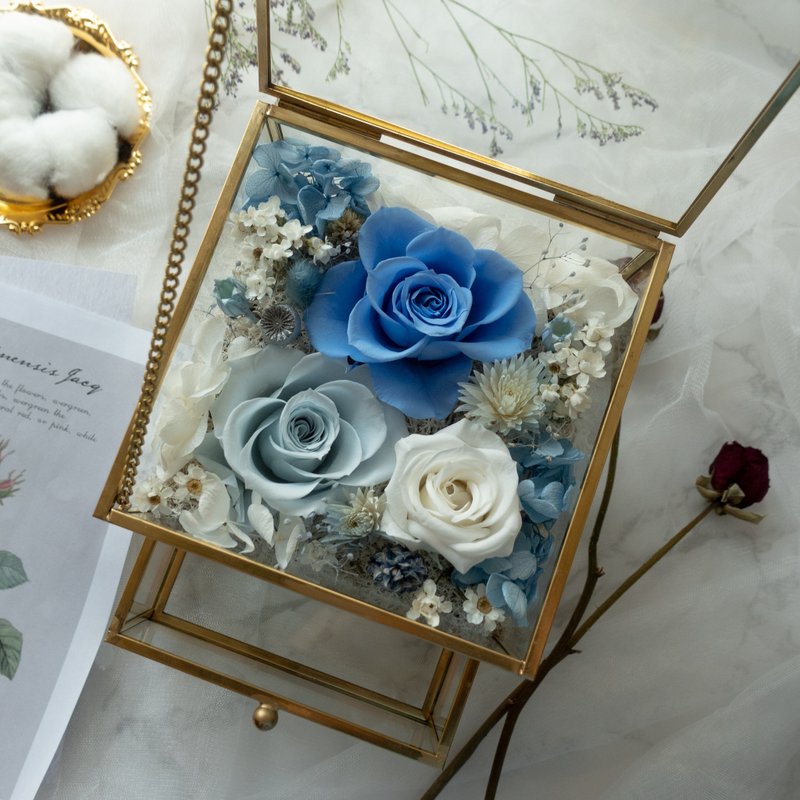 [Customized] Immortal Flower Drawer Jewelry Box-Cool Rose/Glass Box/Practical - Dried Flowers & Bouquets - Plants & Flowers Blue