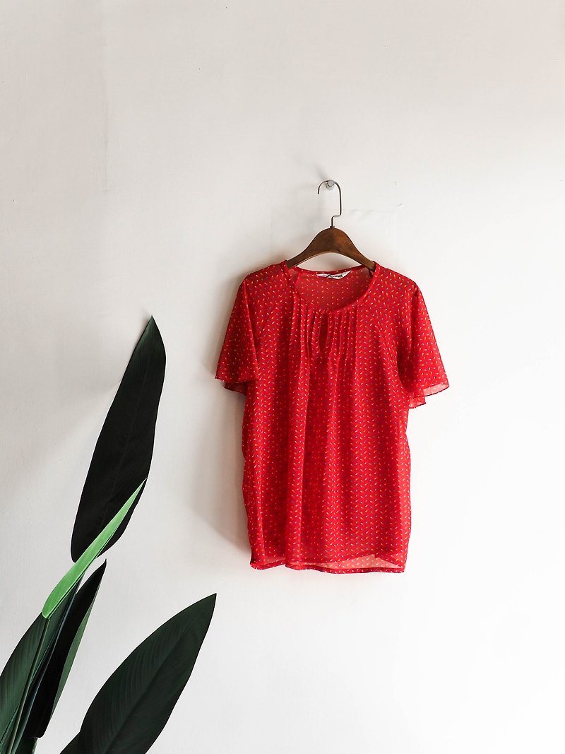 河水山- 青森純紅烈焰艷色流星綴點 古董絲感紡紗質襯衫上衣shirt - 恤衫 - 聚酯纖維 紅色