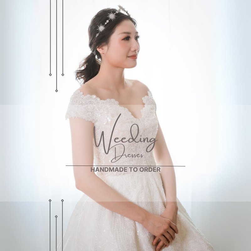 Lace translucent bodice lotus leaf heavy lace white gauze dress - ชุดราตรี - เส้นใยสังเคราะห์ ขาว