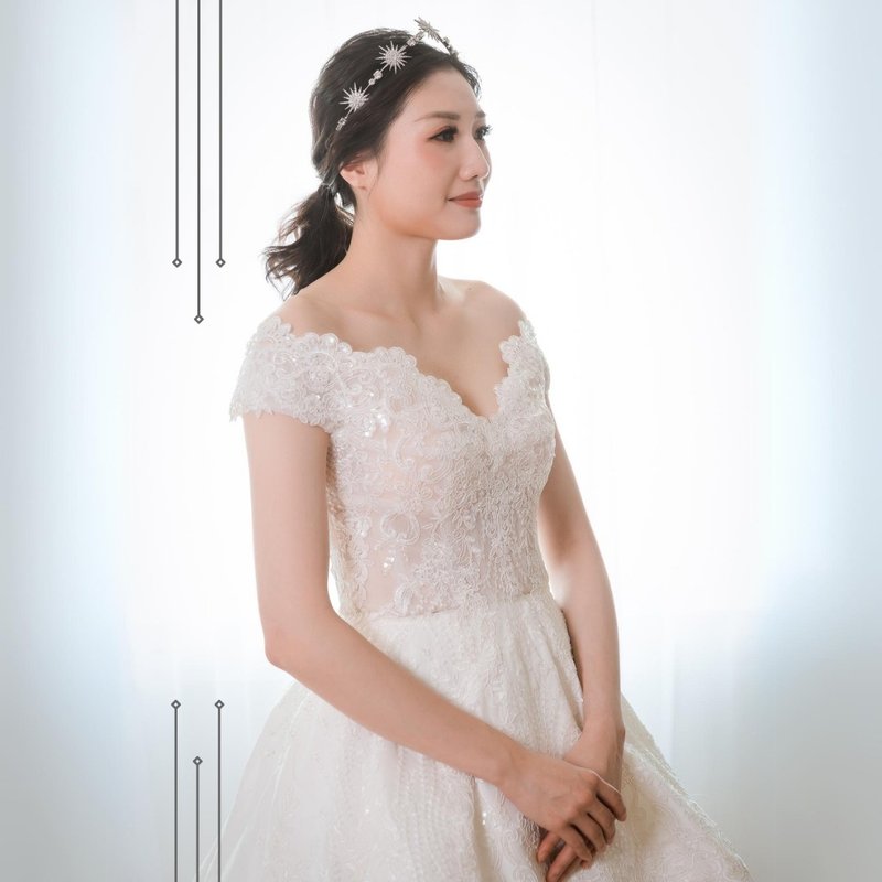 Lace sheer bodice with a ruffled, heavily-laced white wedding gown. - Evening Dresses & Gowns - Polyester White