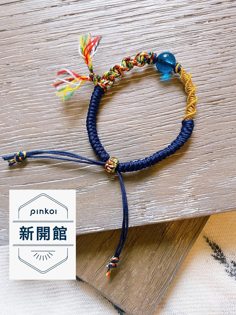Hand kumihimo blue glazed light five-color rope gold thread Medicine Buddha praying for health bracelet - Bracelets - Silk 