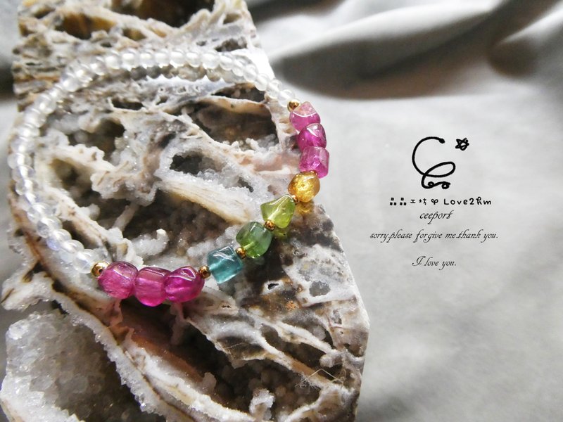 Jingjing Workshop *Love2hm 【Moonlight Cube】-Rainbow Tourmaline Moonstone S925 Sterling Silver Bracelet - สร้อยข้อมือ - เครื่องเพชรพลอย หลากหลายสี