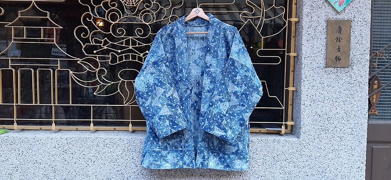 AMIN'S SHINY WORLD Denim washed geometric damage jacquard KIMONO - Men's Coats & Jackets - Cotton & Hemp Blue