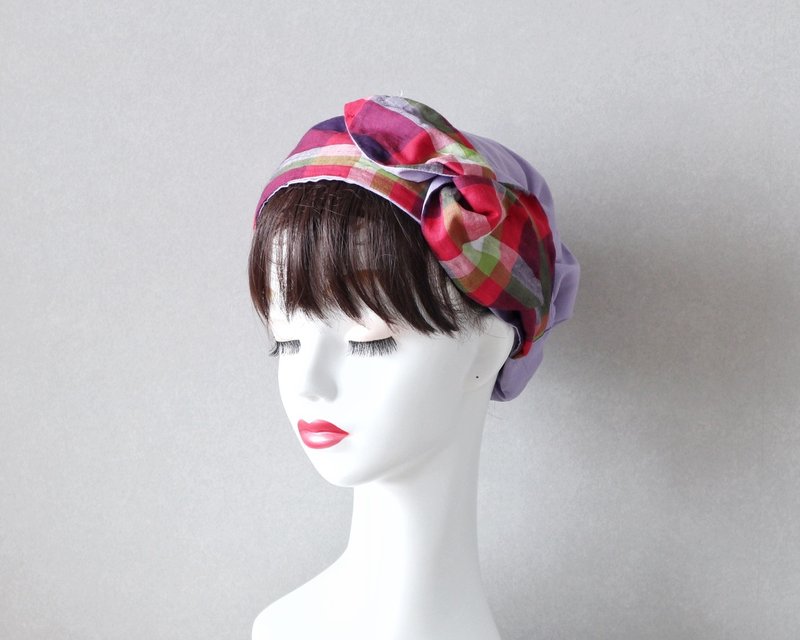 Retro Madras Check Sash Ribbon and Violet Hair Turban Medical Hat/Care Hat Care Cap - เครื่องประดับผม - ผ้าฝ้าย/ผ้าลินิน สีม่วง