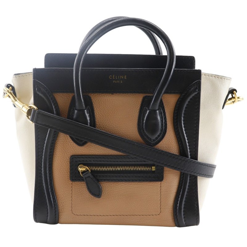 【日本直送】セリーヌ CELINE ラゲージ ナノショッパー ハンドバッグ バイカラー 2WAYショルダー カーフ 黒/茶/オフホワイト レディース【中古】 - 手提包/手提袋 - 真皮 黑色
