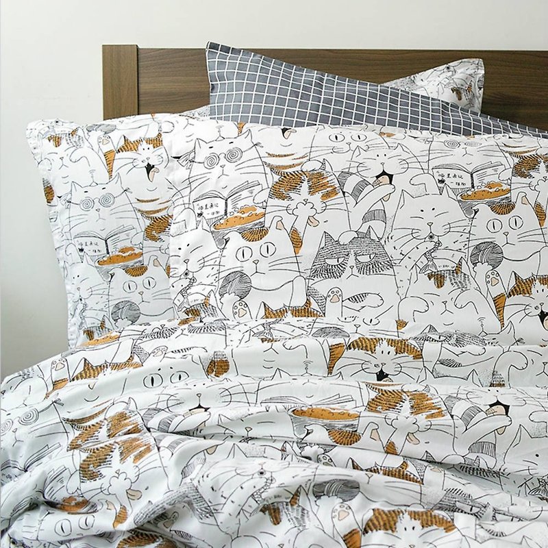 Miao Meow Pillowcase + Quilt Cover Two-Piece Single Double Original Hand-painted Cat 40 Cotton Bed Bags Sold Separately - Bedding - Cotton & Hemp White