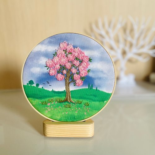 B.Embroidery DIY embroidery kit : The blossom pink trumpet tree on painted background fabric.