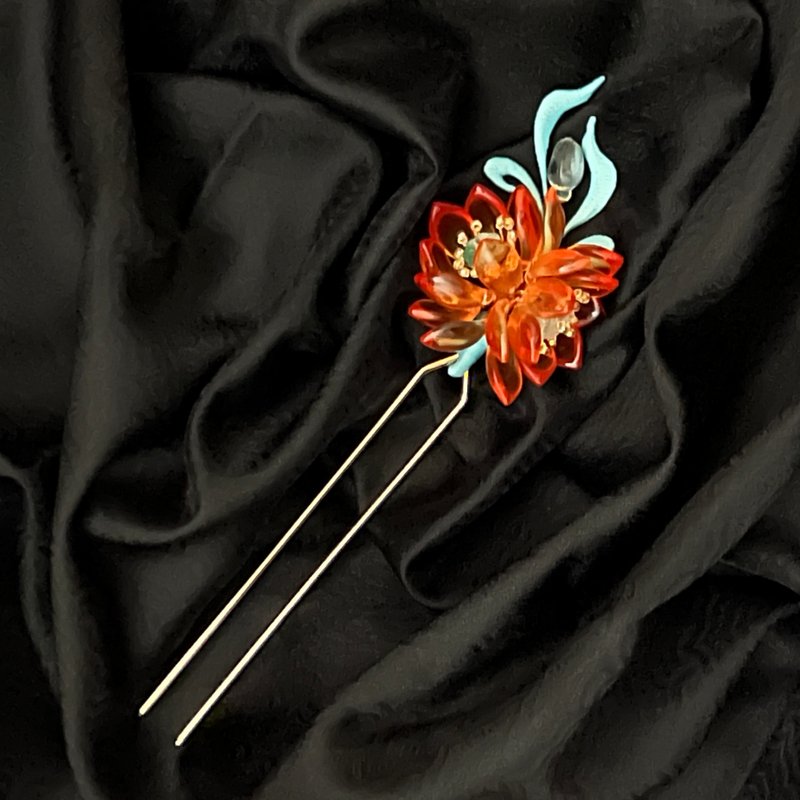 Lotus Lotus and Lotus Flower Glazed Hairpin with Beads and Flowers - Hair Accessories - Colored Glass Orange