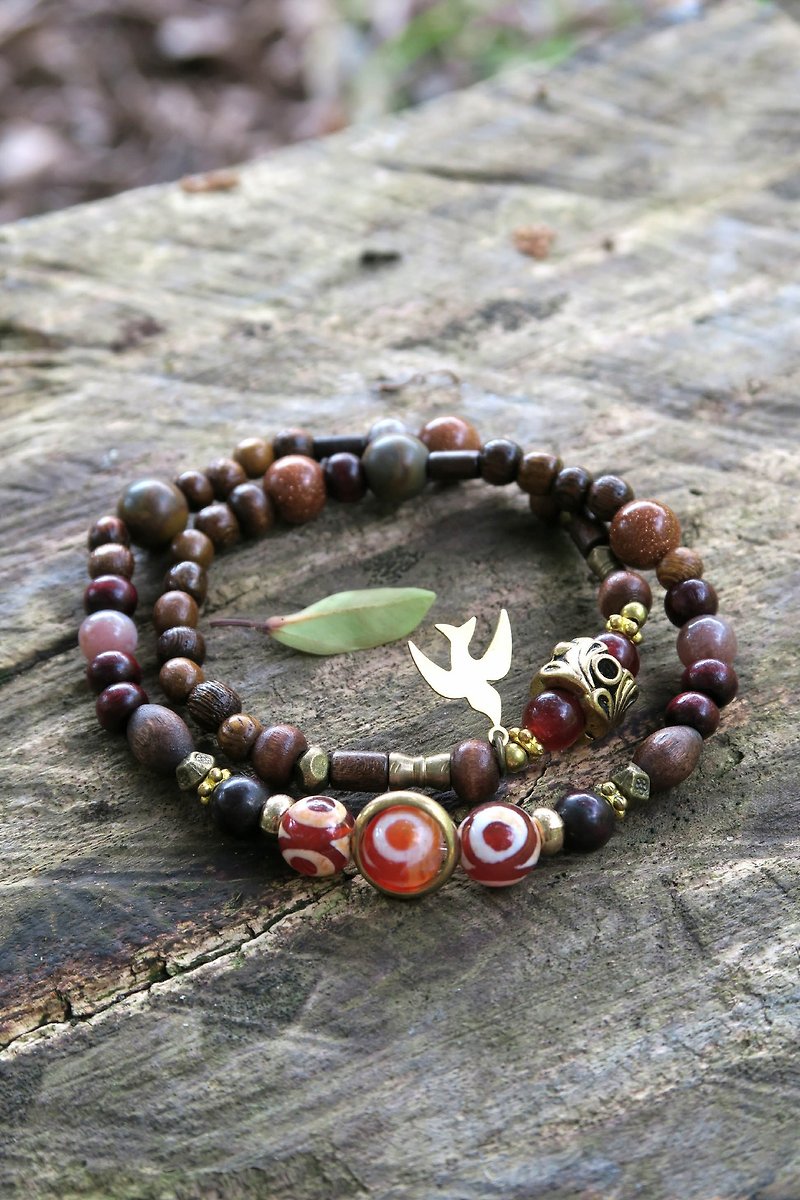 [Spiritual • Small Hand] Tianyan Agate Sandstone Wooden Beads Brass Bird Bracelet Gift - Bracelets - Gemstone Brown