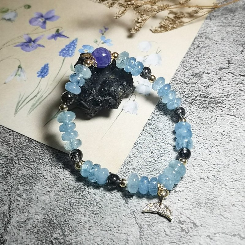 海藍寶疊珠 黑髮晶 丹泉石 設計手鍊 - 手鍊/手環 - 水晶 藍色