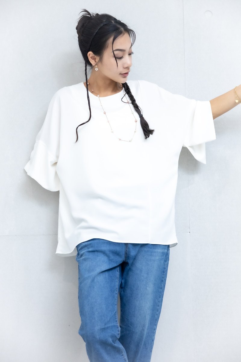 袖子開衩素色雪紡上衣 白色 - 女 T 恤 - 其他材質 白色