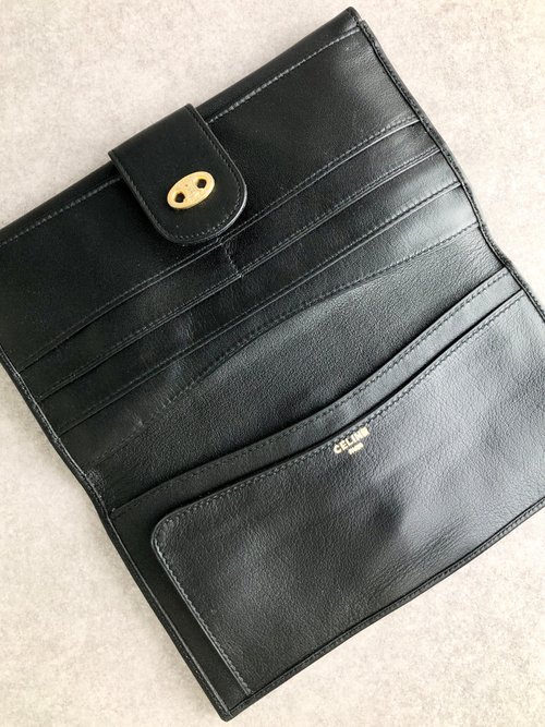 CELINE 長財布 黒 レザー　ヴィンテージ CELINE セリーヌ 財布 ブラック ロゴ レザー 長財布 vintage