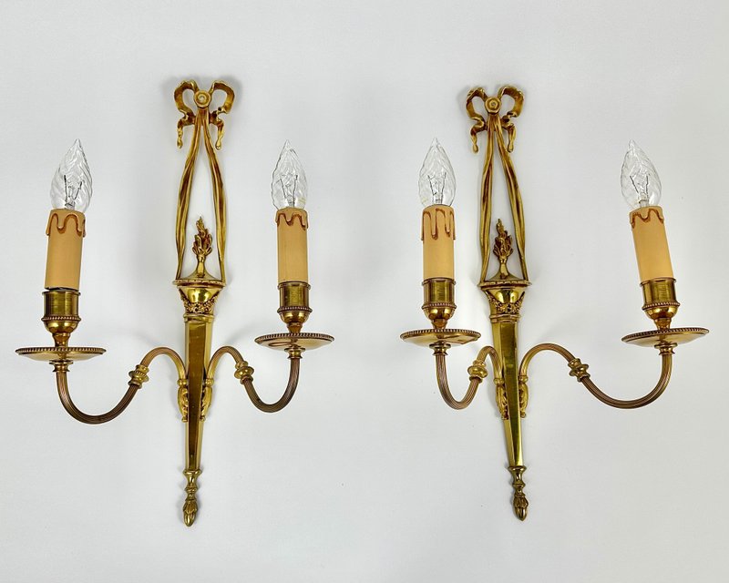 Vintage Sconces in Gilt Brass Ribbon & Torch Twin Branch Wall Lights, France - Lighting - Other Metals Gold