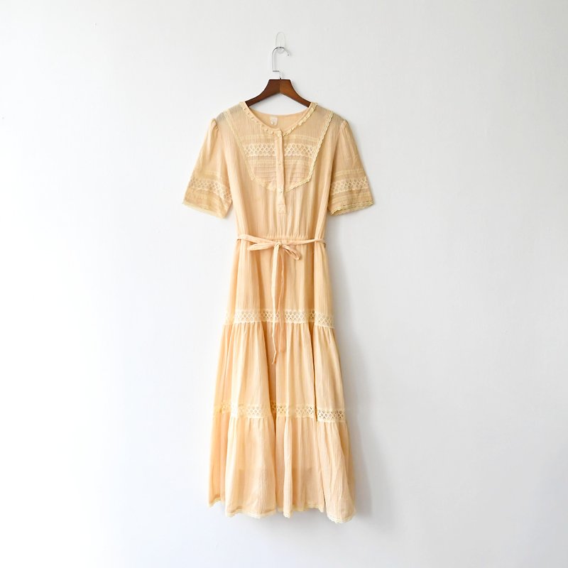 [Egg Plant Vintage] Sundial Sunny Lace Short-sleeved Vintage Dress - One Piece Dresses - Cotton & Hemp 