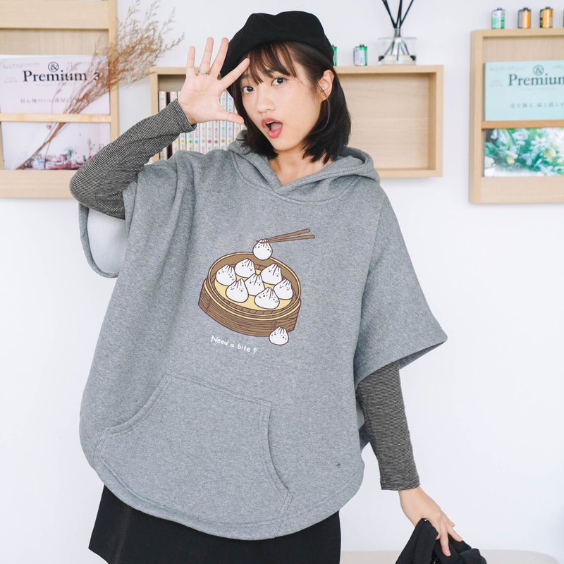 麻糬兔小籠包-厚款斗篷外套(深麻灰) - 女大衣/外套 - 棉．麻 灰色