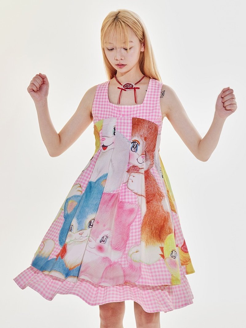 アウトレット品 リボンが付いた小動物プリントのピンクのチェック柄プリーツドレス - 洋裝/連身裙 - 聚酯纖維 粉紅色