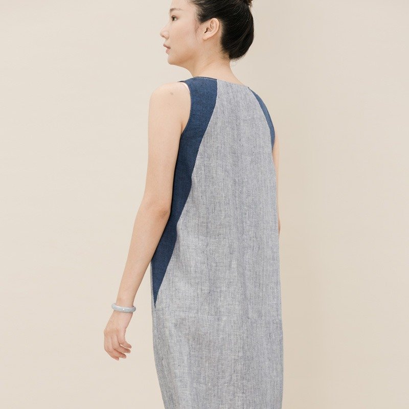 BUFU  Yarn dyed flax  linen   tank-top dress D170516 - ชุดเดรส - ผ้าฝ้าย/ผ้าลินิน สีน้ำเงิน