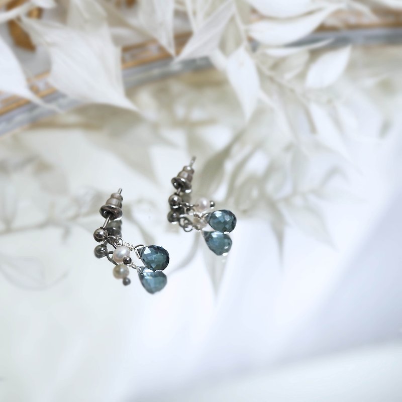天然石耳環參 藍石英石 淡水珍珠 耳環 - 耳環/耳夾 - 水晶 藍色