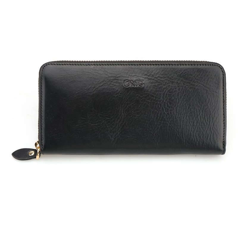 Italian Vegetable Tanned Leather 12 Cards 1 Photo Single Zipper Cowhide Long Clip (Black) - กระเป๋าสตางค์ - หนังแท้ สีดำ