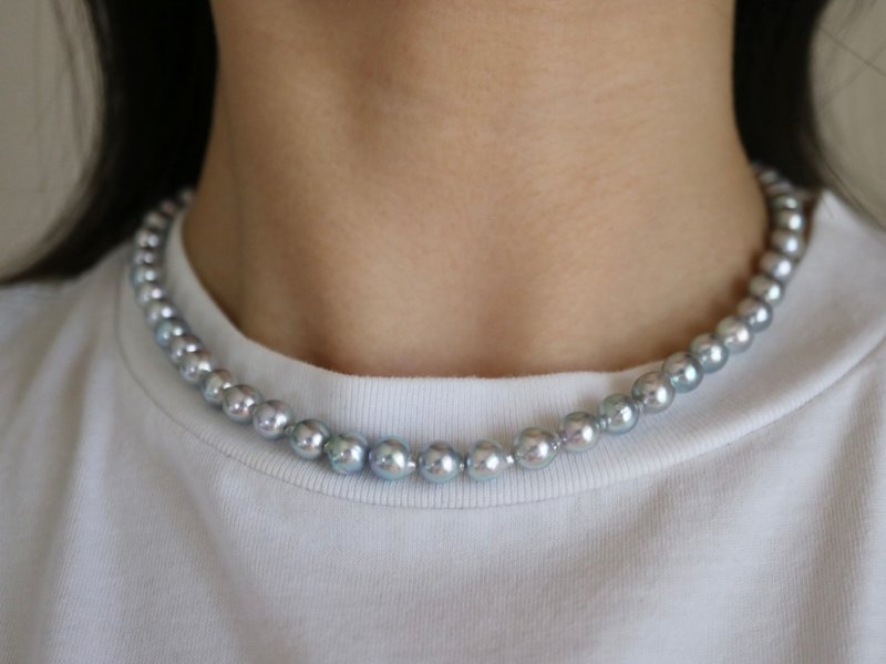 日本直送 6.5mm巴洛克形狀 無調色天然銀藍色 Akoya海水珍珠項鍊 - 項鍊 - 珍珠 藍色