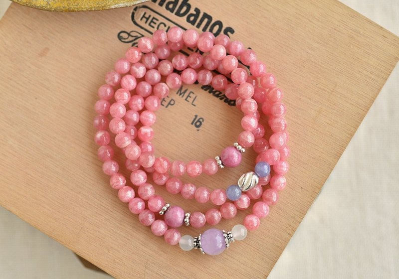 Kunzite + Roseglow + Moonstone + Tanzanite + Rhodochrosite 108 Rosary Beads/Buddhist Beads/Multiple Circle Bracelet - สร้อยข้อมือ - คริสตัล สึชมพู