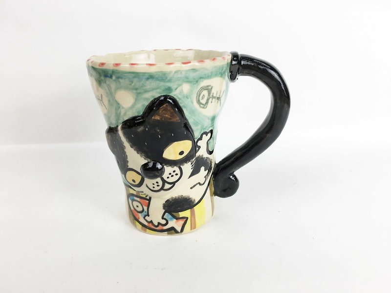 Nice Little Clay Handmade Bell Cup Naughty Flower Cat 0101-40 - Mugs - Pottery Multicolor