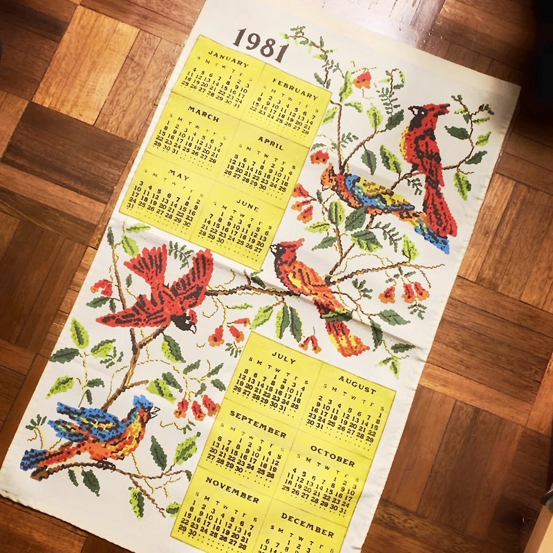 1981 Early American canvas monthly calendar bird - อื่นๆ - ผ้าฝ้าย/ผ้าลินิน หลากหลายสี