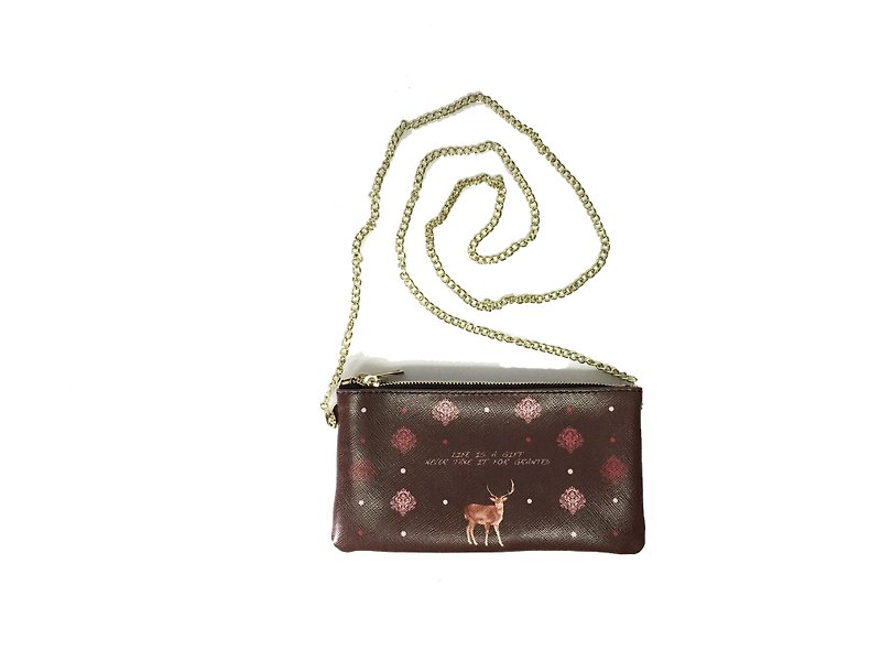 Elegant pattern fawn color flowers double zipper Messenger Bag Elegant Deer colorful double zip shoulder bag by Shuki Design - กระเป๋าแมสเซนเจอร์ - วัสดุอื่นๆ สีนำ้ตาล