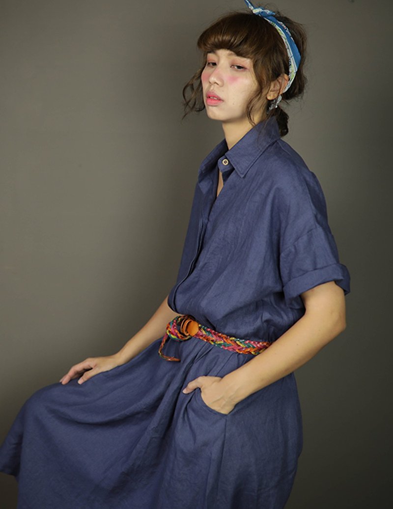 Elegant Open Button Dress * Royal Blue - ชุดเดรส - ผ้าฝ้าย/ผ้าลินิน 