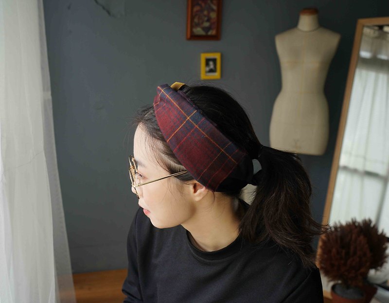 日式配布兩用雙頭交叉打結髮帶-英倫紅格紋X芥黃 - 髮飾 - 棉．麻 紅色