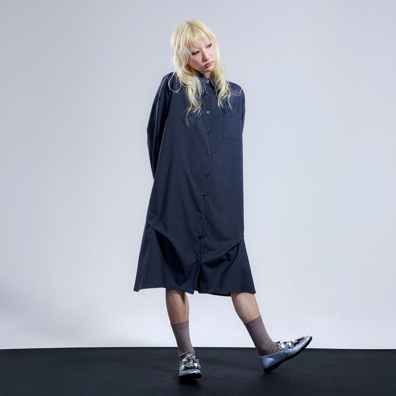 立褶格紋襯衫長洋裝 - 洋裝/連身裙 - 其他人造纖維 藍色