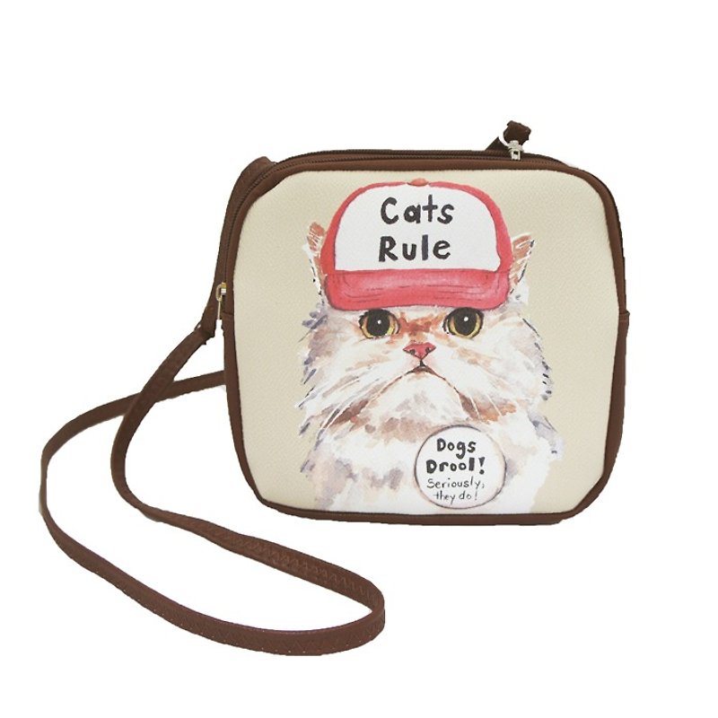 Ashley. M Shirley Love Deidre Wicks- American Design Cats Rule Dog Drool! Hat cat childlike watercolor transfer square oblique backpack W86100UB - กระเป๋าแมสเซนเจอร์ - หนังแท้ สีนำ้ตาล