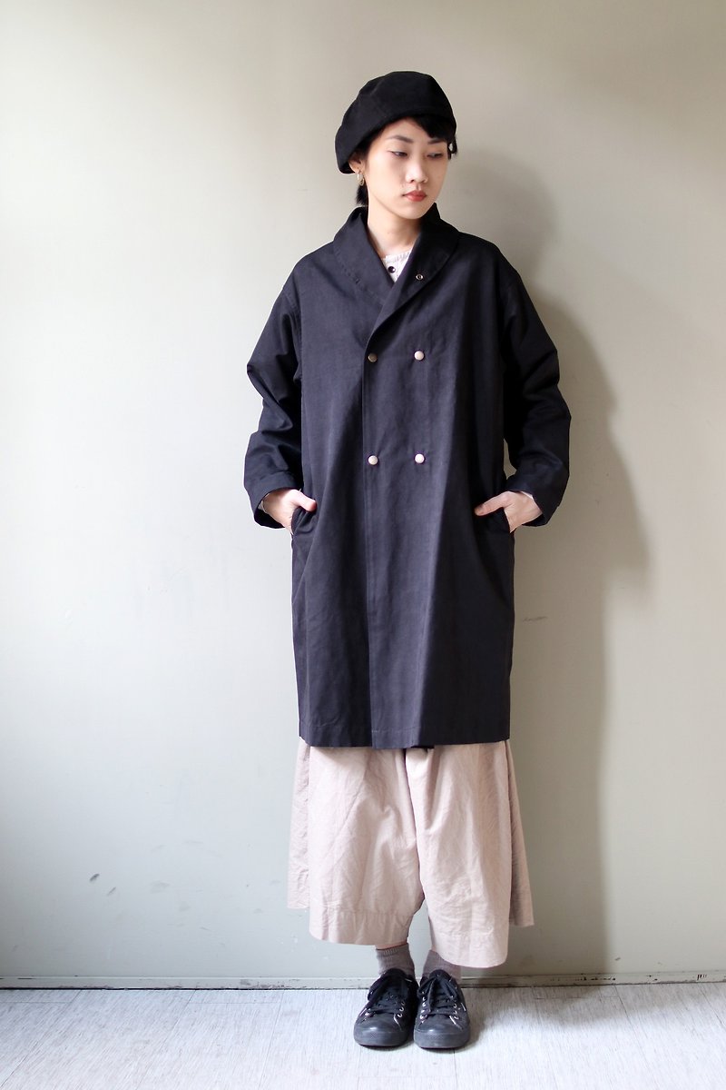 Omake/ 5dots coin coat - เสื้อสูท/เสื้อคลุมยาว - ผ้าฝ้าย/ผ้าลินิน สีดำ