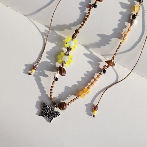 ELBRAZA Butterfly yellow flower woven waxed cord choker necklace