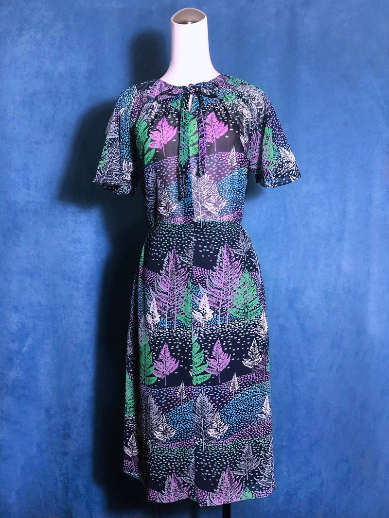 樹木領結短袖古著洋裝/ 國外帶回 VINTAGE - 洋裝/連身裙 - 聚酯纖維 多色
