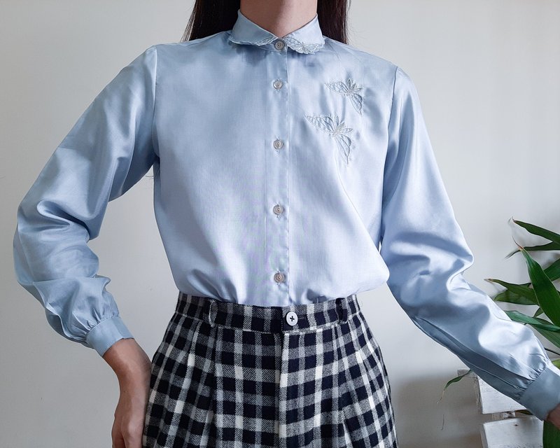 復古藍灰色刺繡襯衫蝴蝶刺繡上衣 S 碼 - 女襯衫 - 聚酯纖維 藍色