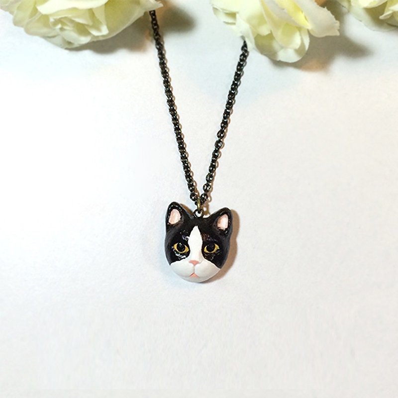 Tuxedo Cat necklace, Black Cat necklace, Black cat pendant, Tuxedo Cat pendant - 項鍊 - 黏土 黑色