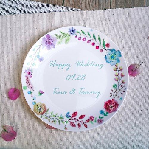 陶緣彩瓷 客製化禮物-小清新8吋骨瓷盤 聖誕禮物 結婚紀念