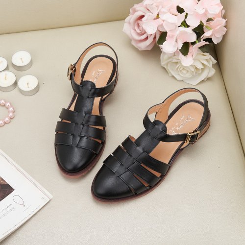 DREAMS SHOP 友善尺碼37-45 漁夫 魚骨編織平底涼鞋 典雅黑