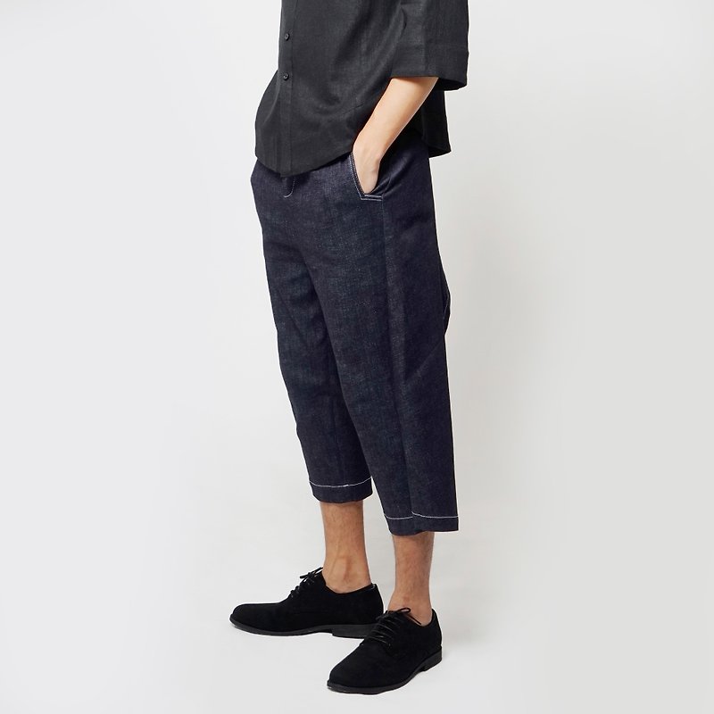 Black and white cut FW three-dimensional back flip shape denim vintage pants - กางเกงขายาว - ผ้าฝ้าย/ผ้าลินิน สีน้ำเงิน