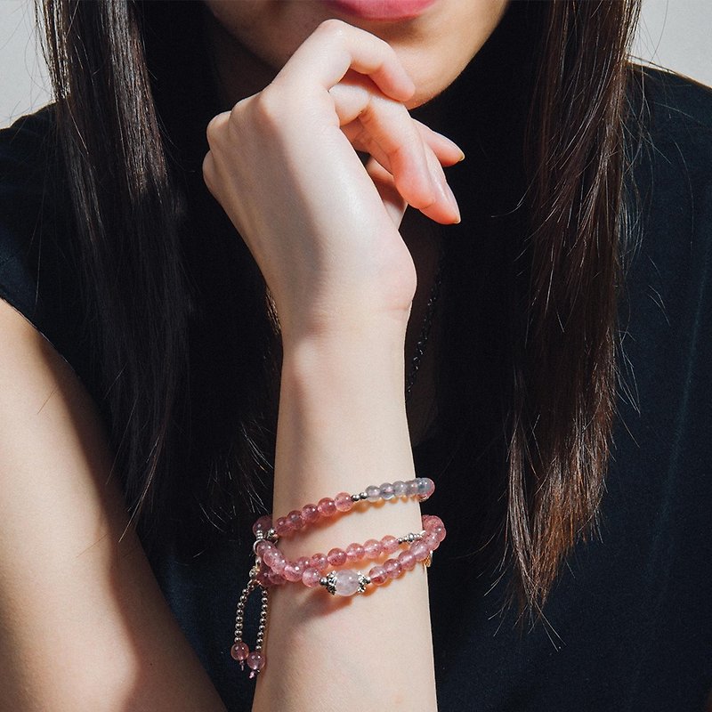 Rose Quartz Strawberry Quartz Labradorite Wrist Mala Gemstone stack Bracelet - Bracelets - Semi-Precious Stones Pink