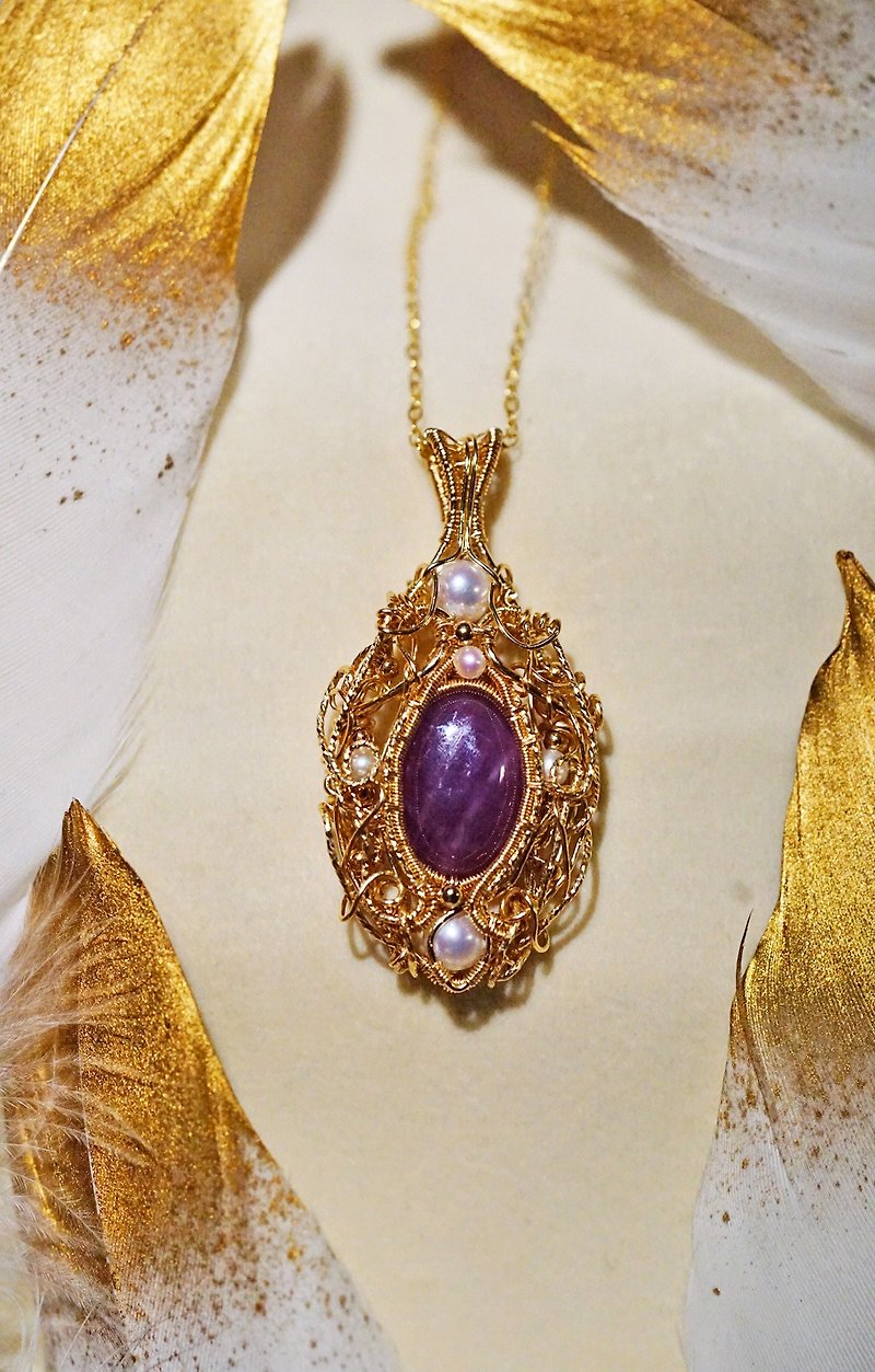 Pure handmade 14k gold wrapped wire wound pink starry sapphire retro necklace - สร้อยคอ - เครื่องเพชรพลอย หลากหลายสี