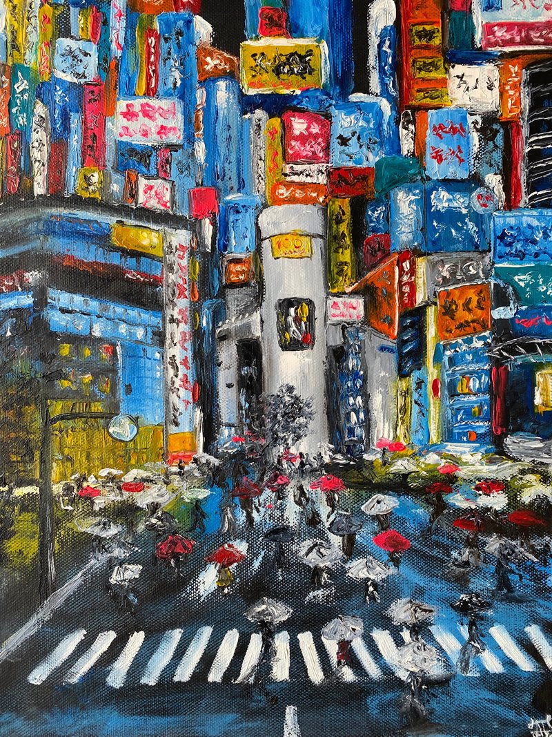 Tokyo Painting Cityscape Original Art Impasto Artwork Abstract City Wall Art - 壁貼/牆壁裝飾 - 其他材質 多色