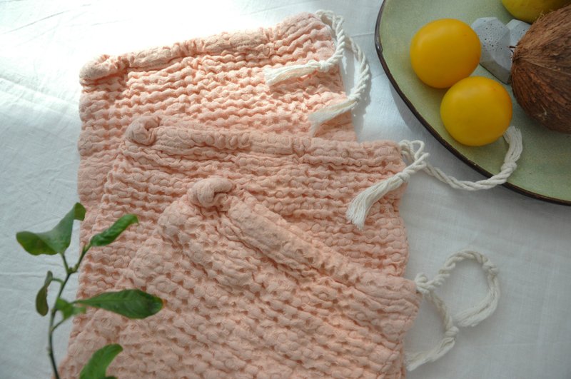 Zero waste waffle linen bag / Bags set / Reusable washable eco food storage - 束口袋/束口背包/水桶包 - 亞麻 橘色