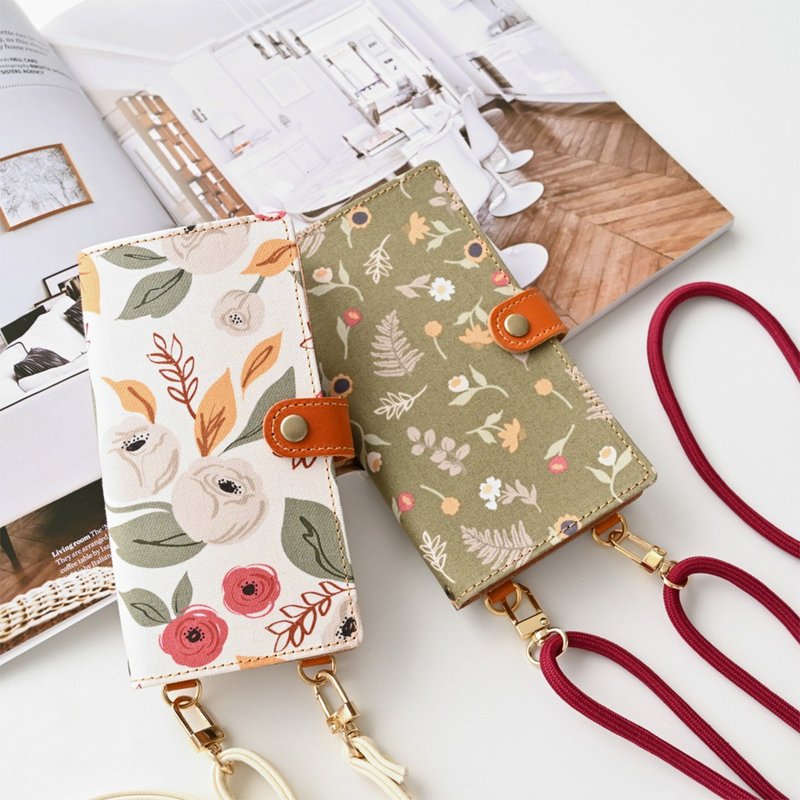 Compatible with all models Smartphone case Notebook type Vertical hanging parts [Flower pot] Smartphone shoulder AE74C - เคส/ซองมือถือ - หนังแท้ สีกากี