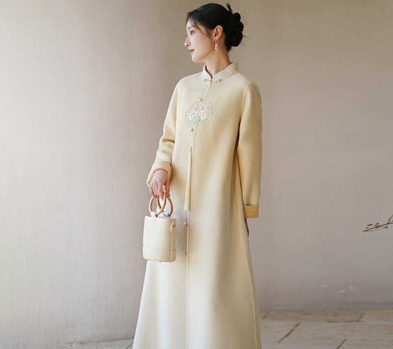 New Chinese embroidery Chinese style long Zen tea suit silk wool double-sided coat - One Piece Dresses - Silk Yellow