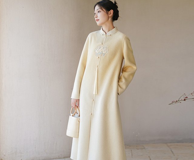 New Chinese embroidery Chinese style long Zen tea suit silk wool double sided coat Shop chuchan One Piece Dresses Pinkoi