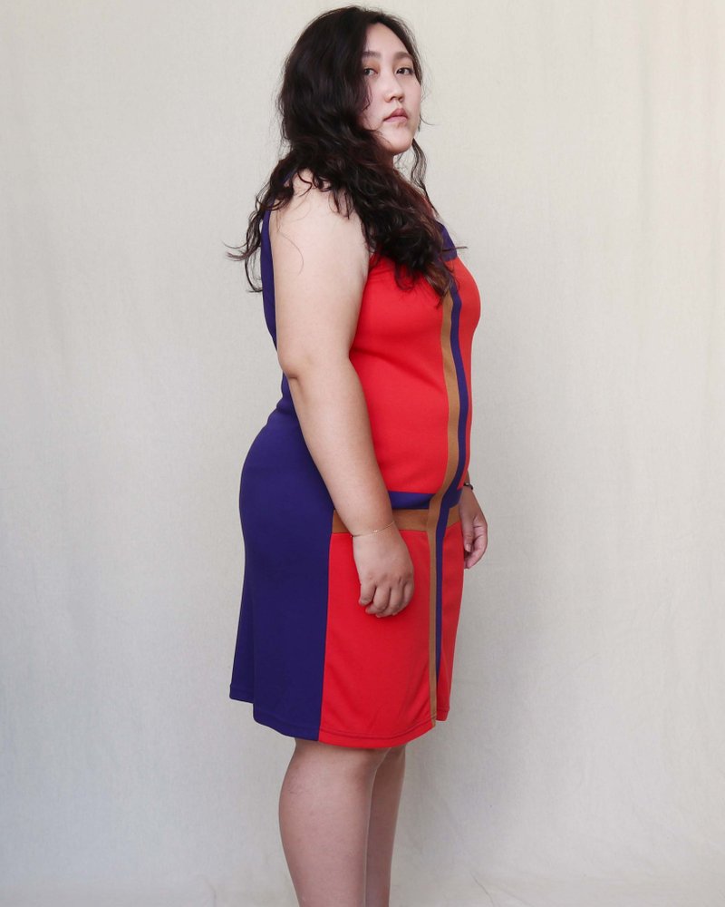 Pumpkin Vintage. OTTO color block print sleeveless stretch dress plus size - ชุดเดรส - ไฟเบอร์อื่นๆ สีแดง
