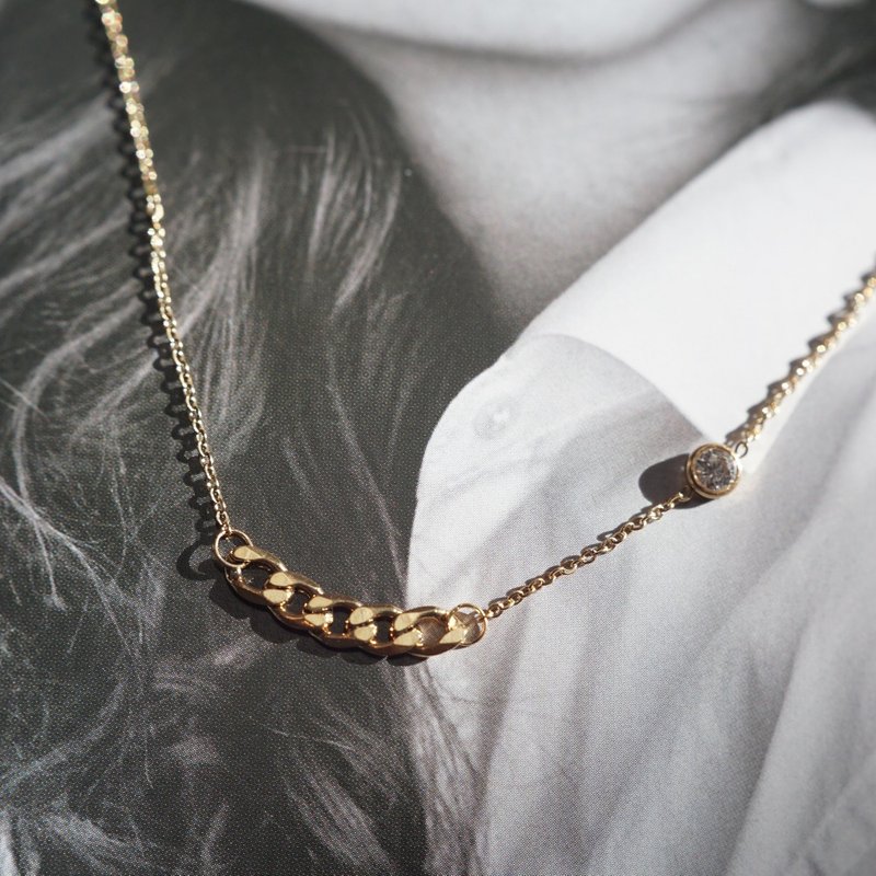 遇見 單鑽鈦鋼項鏈鎖骨鏈 - 項鍊 - 不鏽鋼 金色