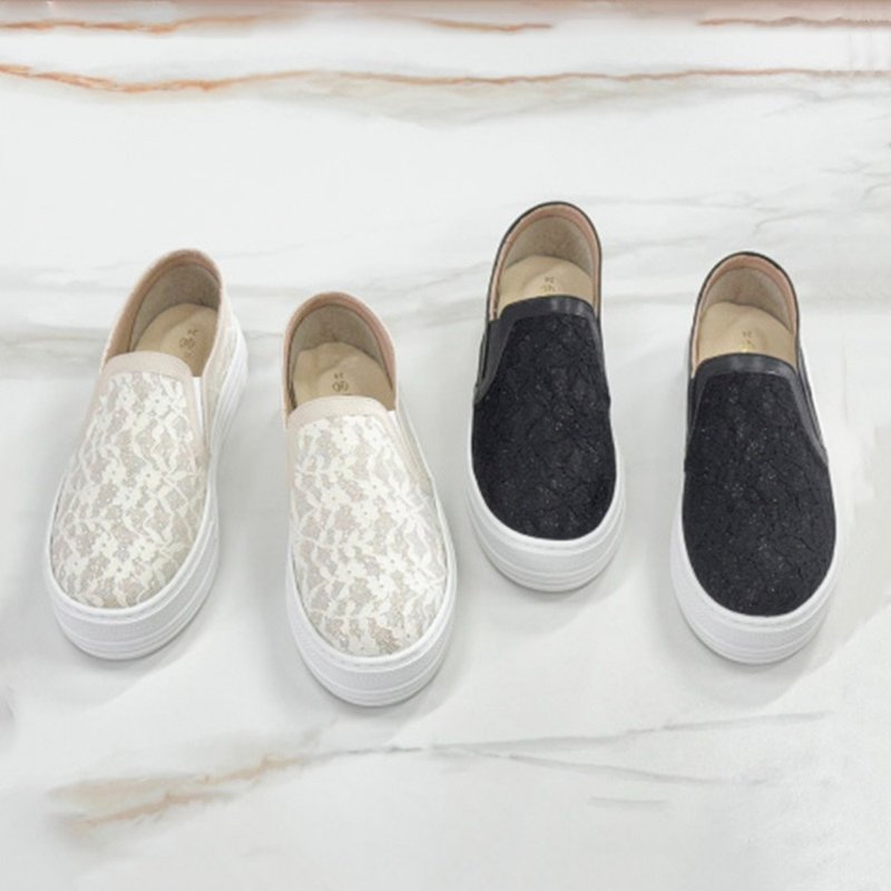 Lace platform loafers-black/white 1BC97 - รองเท้าลำลองผู้หญิง - วัสดุอื่นๆ ขาว